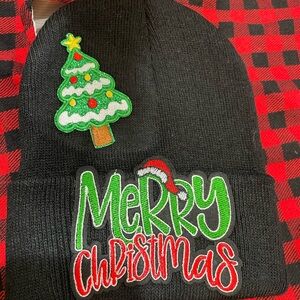 Black Merry Christmas Beanie with Tree Patch